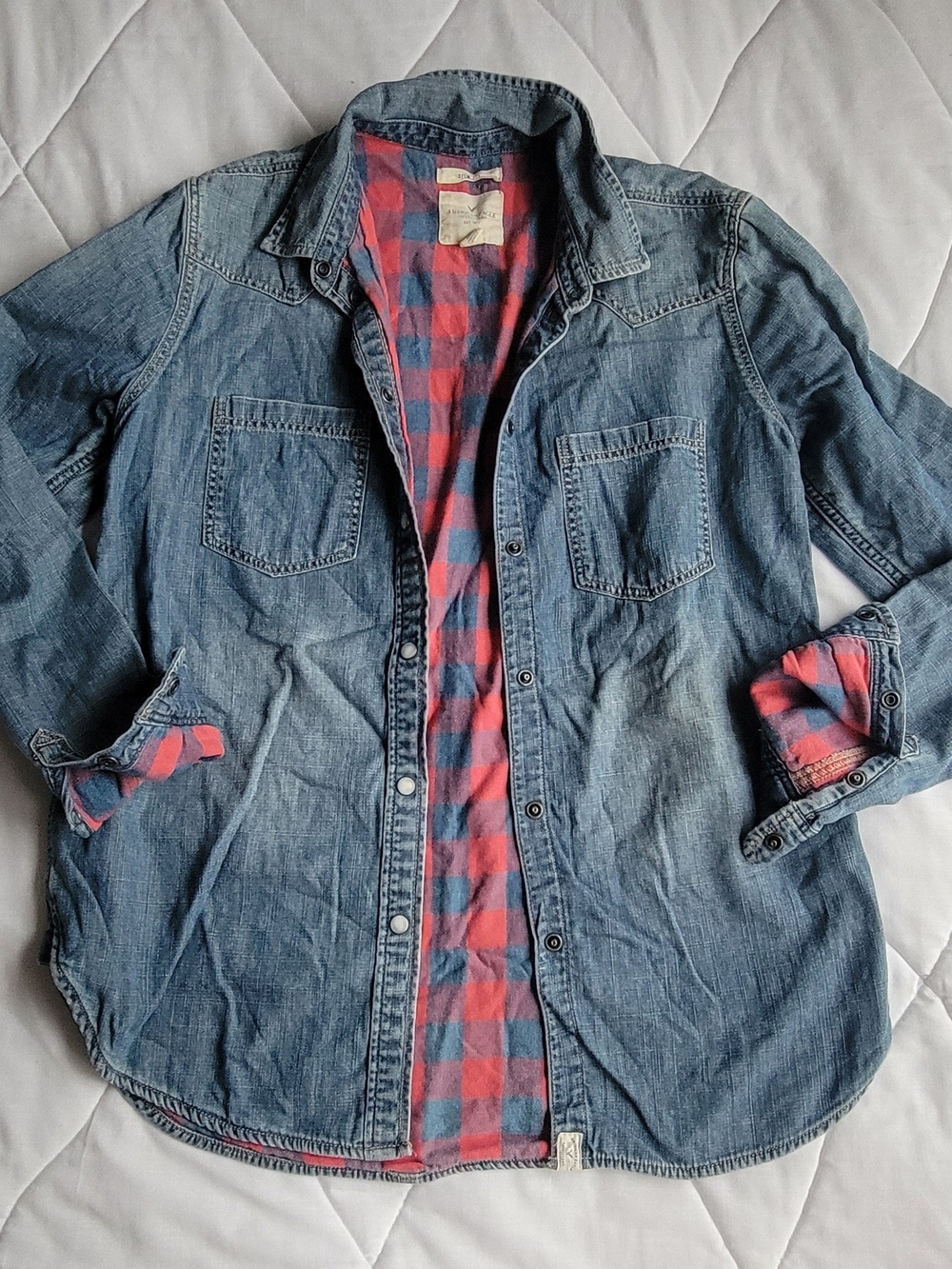 American Eagle Outfitters Denim Button-Down with Red & Blue Plaid Lining